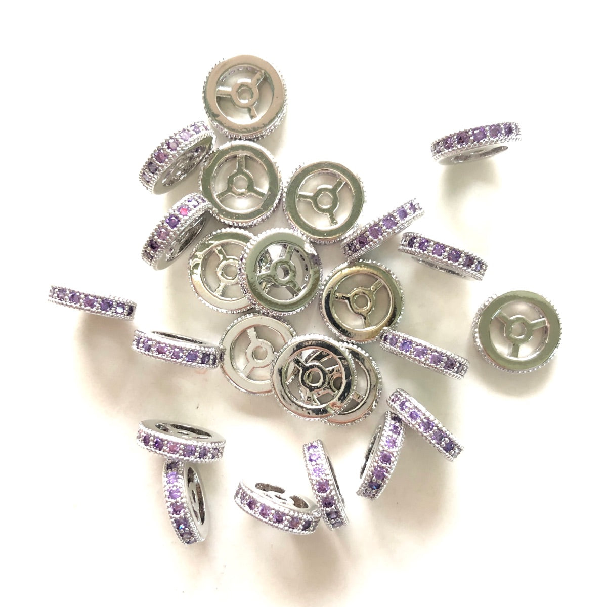 20pcs/lot 9.6/12mm Purple CZ Paved Wheel Rondelle Spacers Silver CZ Paved Spacers New Spacers Arrivals Rondelle Beads Charms Beads Beyond