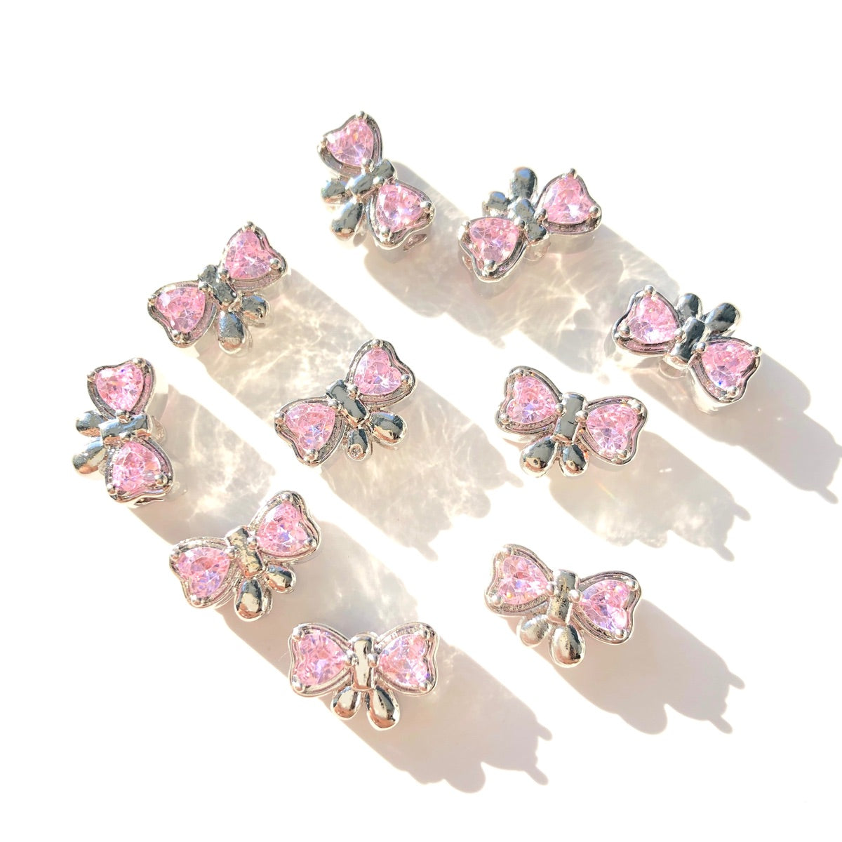 10-20-50pcs/lot Pink Heart CZ Paved Bow Tie Spacers Silver CZ Paved Spacers Big Hole Beads New Spacers Arrivals Rondelle Beads Wholesale Charms Beads Beyond
