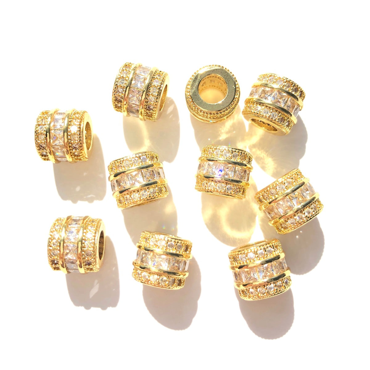 10-20-50pcs/lot 10mm Square CZ Paved Big Hole Rondelle Wheel Spacers Gold CZ Paved Spacers Big Hole Beads New Spacers Arrivals Rondelle Beads Wholesale Charms Beads Beyond