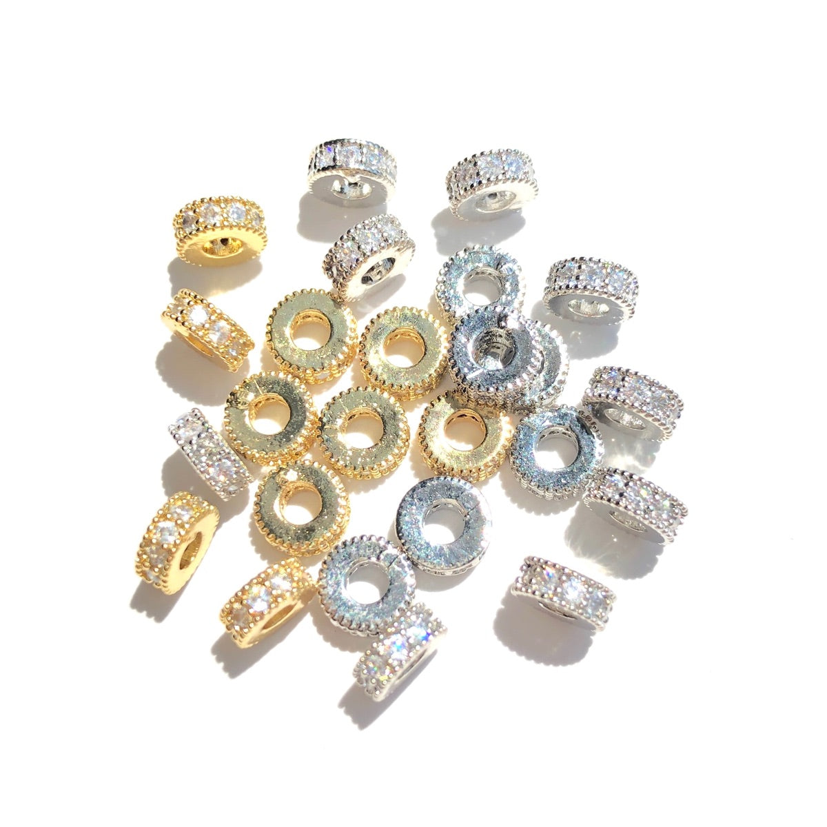 20-50pcs/lot 5.8*2.5mm CZ Paved Small Rondelle Wheel Spacers Mix Colors CZ Paved Spacers New Spacers Arrivals Rondelle Beads Wholesale Charms Beads Beyond