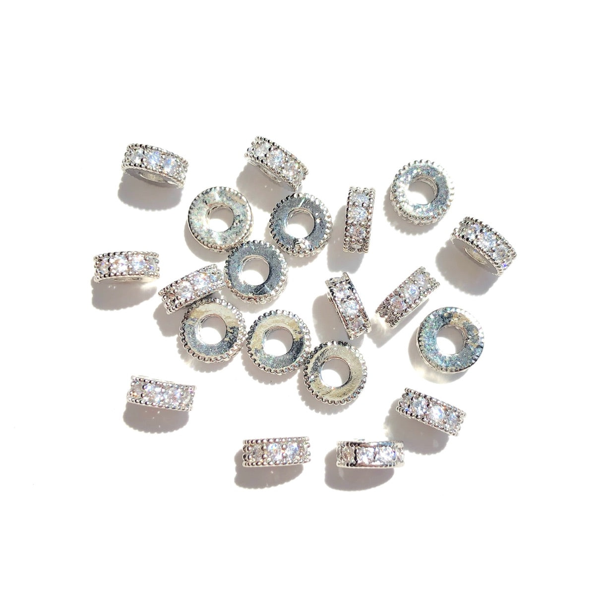 20-50pcs/lot 5.8*2.5mm CZ Paved Small Rondelle Wheel Spacers Silver CZ Paved Spacers New Spacers Arrivals Rondelle Beads Wholesale Charms Beads Beyond