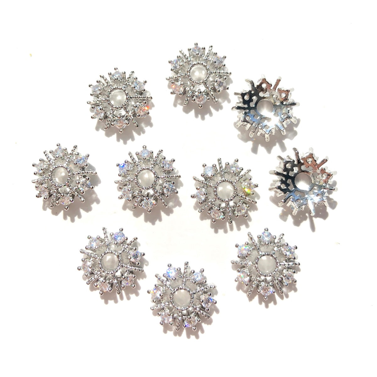 20-50pcs/lot 11.5mm CZ Paved Hollow Snowflake Beads Caps Spacers Silver CZ Paved Spacers Beads Caps New Spacers Arrivals Wholesale Charms Beads Beyond