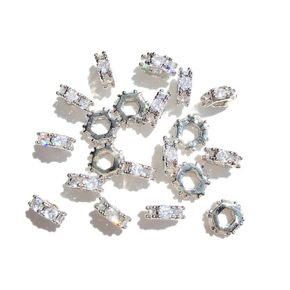 20-50pcs/lot 6.5mm CZ Paved Hexagon Rondelle Wheel Spacers Silver CZ Paved Spacers New Spacers Arrivals Rondelle Beads Wholesale Charms Beads Beyond