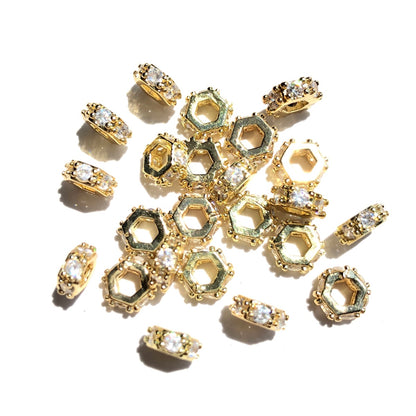 20-50pcs/lot 6.5mm CZ Paved Hexagon Rondelle Wheel Spacers Gold CZ Paved Spacers New Spacers Arrivals Rondelle Beads Wholesale Charms Beads Beyond