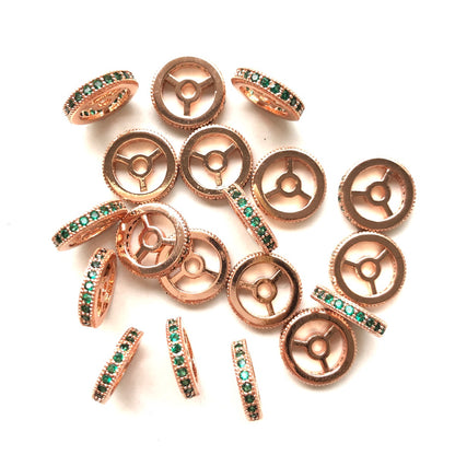 20pcs/lot 9.6/12mm Green CZ Paved Wheel Rondelle Spacers Rose Gold CZ Paved Spacers New Spacers Arrivals Rondelle Beads Charms Beads Beyond