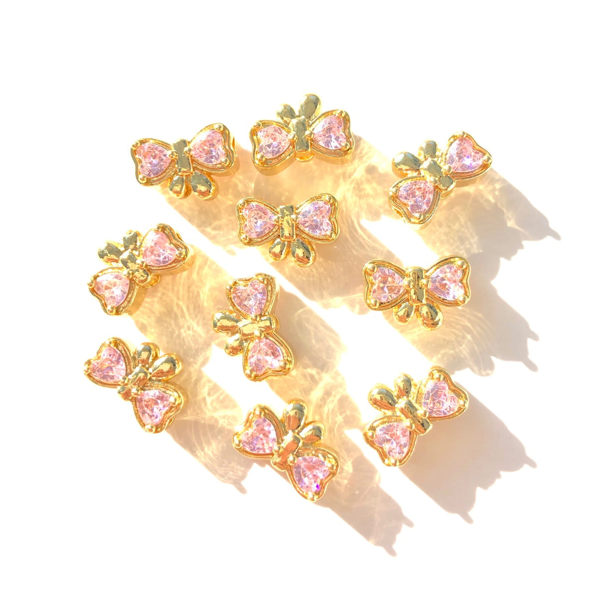 10-20-50pcs/lot Pink Heart CZ Paved Bow Tie Spacers Gold CZ Paved Spacers Big Hole Beads New Spacers Arrivals Rondelle Beads Wholesale Charms Beads Beyond