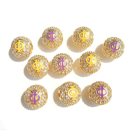 12pcs/lot 10mm Purple Yellow Enamel CZ Paved Greek Letter "Ψ", "Φ", "Ω" Ball Spacers Beads 12 Gold Φ CZ Paved Spacers 10mm Beads Ball Beads Greek Letters New Spacers Arrivals Charms Beads Beyond