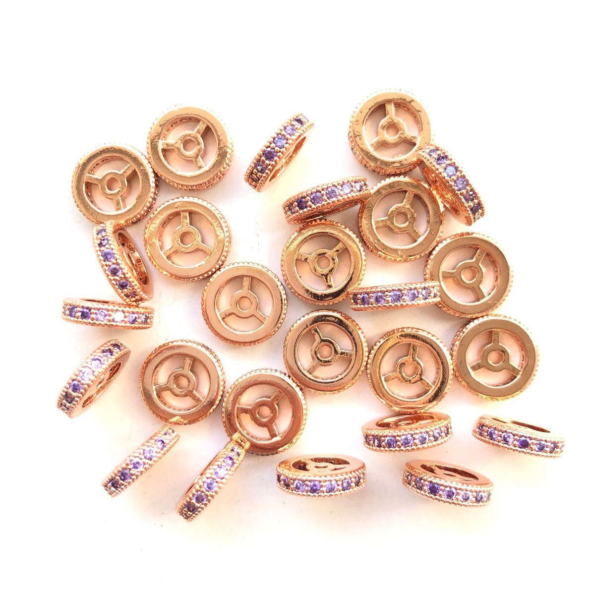 20pcs/lot 9.6/12mm Purple CZ Paved Wheel Rondelle Spacers Rose Gold CZ Paved Spacers New Spacers Arrivals Rondelle Beads Charms Beads Beyond