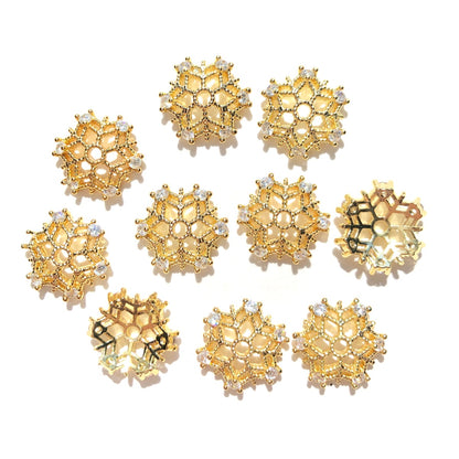 20-50pcs/lot 13.7mm CZ Paved Hollow Snowflake Beads Caps Spacers Gold CZ Paved Spacers Beads Caps New Spacers Arrivals Wholesale Charms Beads Beyond