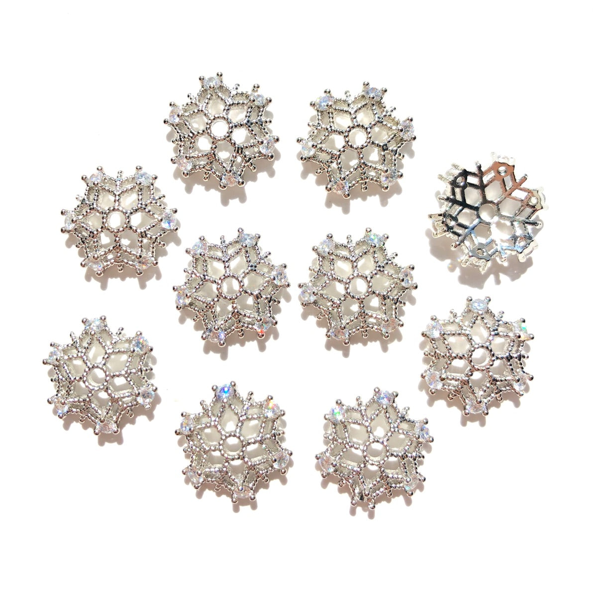 20-50pcs/lot 13.7mm CZ Paved Hollow Snowflake Beads Caps Spacers Silver CZ Paved Spacers Beads Caps New Spacers Arrivals Wholesale Charms Beads Beyond