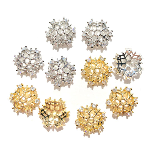 20-50pcs/lot 13.7mm CZ Paved Hollow Snowflake Beads Caps Spacers Mix Colors CZ Paved Spacers Beads Caps New Spacers Arrivals Wholesale Charms Beads Beyond