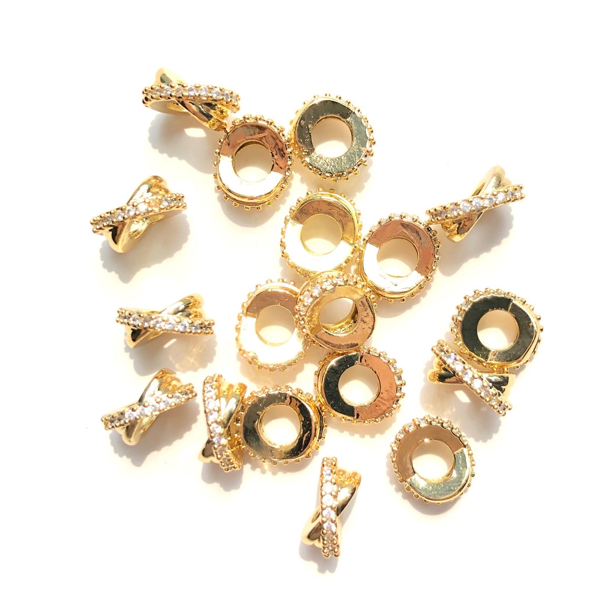 20-50pcs/lot 10*4.5mm CZ Paved Big Hole Rondelle Wheel Spacers Gold CZ Paved Spacers New Spacers Arrivals Rondelle Beads Wholesale Charms Beads Beyond