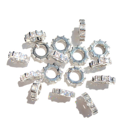 10-20-50pcs/lot 8.7mm Square CZ Paved Big Hole Rondelle Wheel Spacers Silver CZ Paved Spacers Big Hole Beads New Spacers Arrivals Rondelle Beads Wholesale Charms Beads Beyond