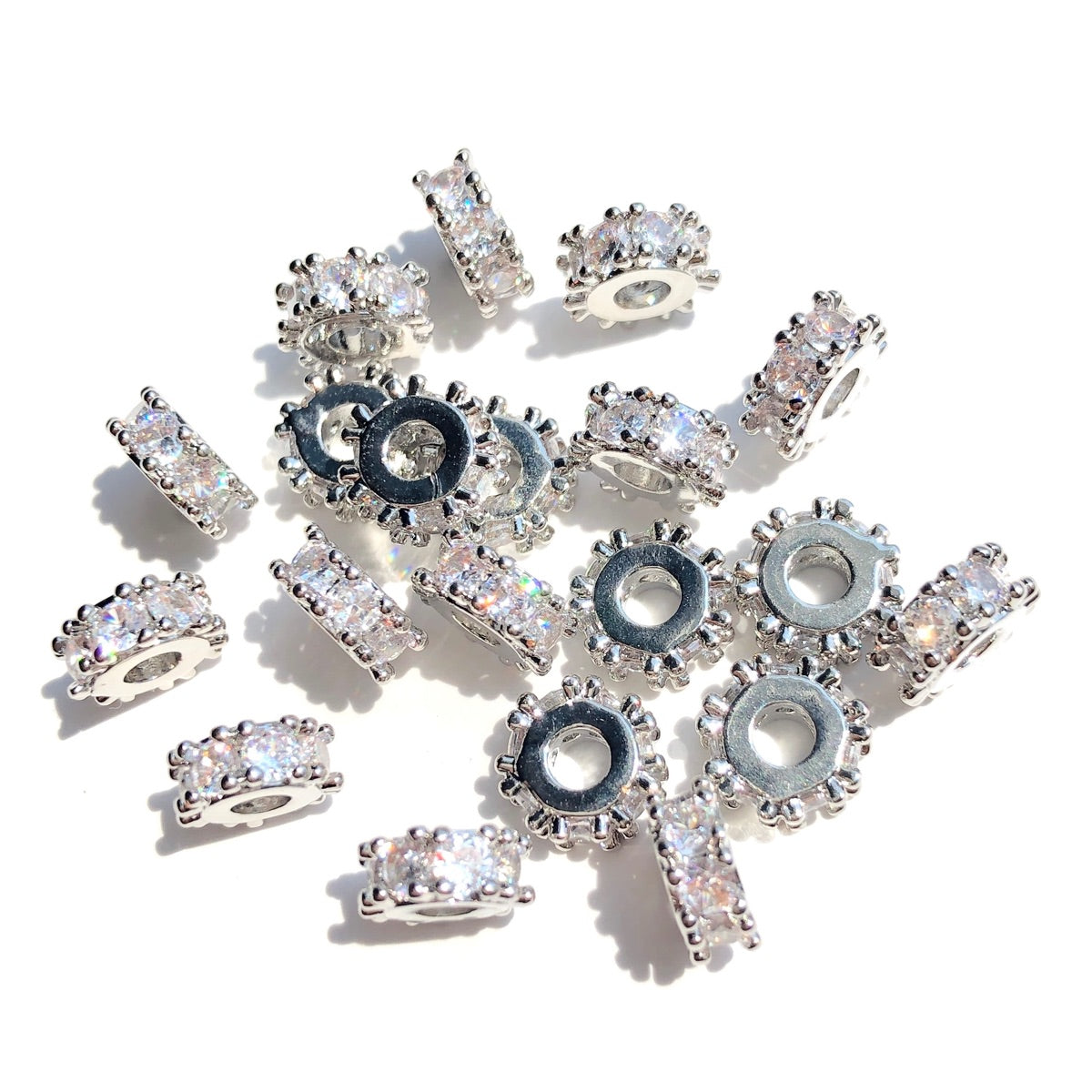20-50pcs/lot 7.6mm CZ Paved Rondelle Wheel Spacers Silver CZ Paved Spacers New Spacers Arrivals Rondelle Beads Wholesale Charms Beads Beyond