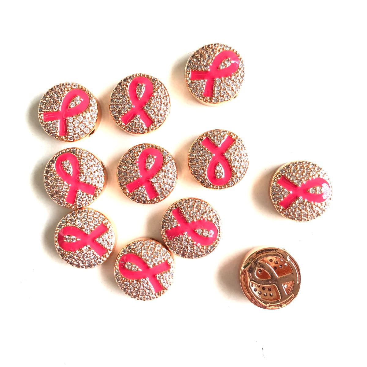 10-20pcs/lot 13mm Pink Ribbon Round Spacers for Breast Cancer Awareness Rose Gold CZ Paved Spacers Breast Cancer Awareness New Spacers Arrivals Charms Beads Beyond