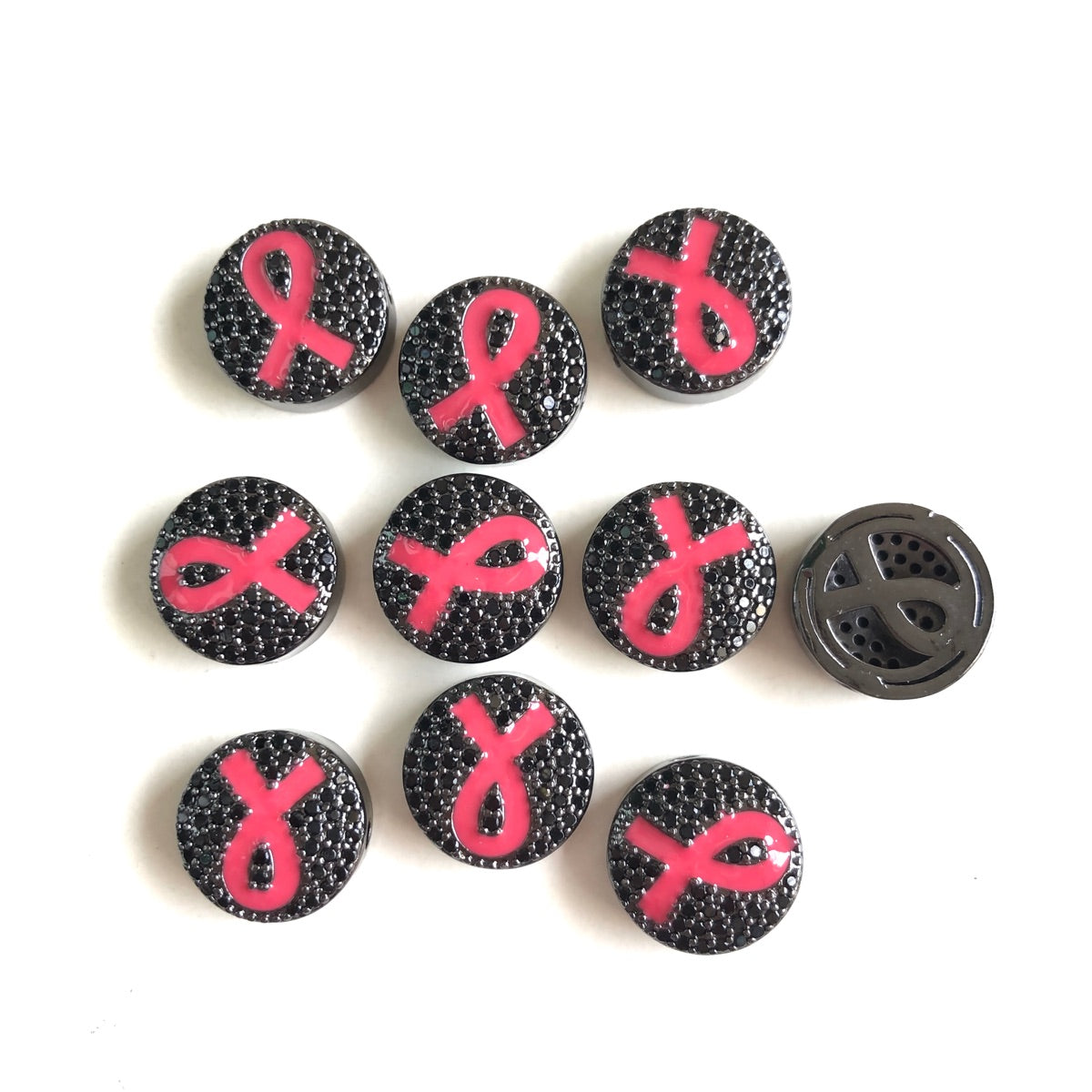 10-20pcs/lot 13mm Pink Ribbon Round Spacers for Breast Cancer Awareness Black on Black CZ Paved Spacers Breast Cancer Awareness New Spacers Arrivals Charms Beads Beyond