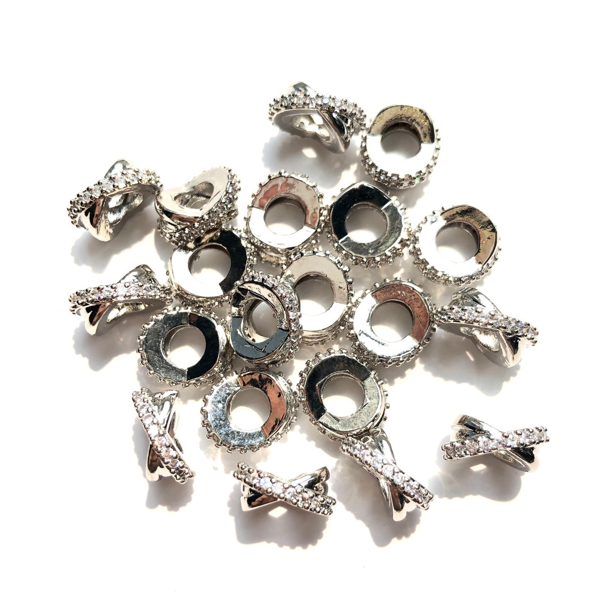 20-50pcs/lot 10*4.5mm CZ Paved Big Hole Rondelle Wheel Spacers Silver CZ Paved Spacers New Spacers Arrivals Rondelle Beads Wholesale Charms Beads Beyond