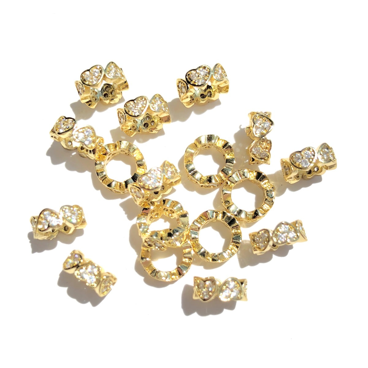 20-50pcs/lot CZ Paved Big Hole Heart Rondelle Wheel Spacers Gold CZ Paved Spacers Big Hole Beads New Spacers Arrivals Rondelle Beads Wholesale Charms Beads Beyond