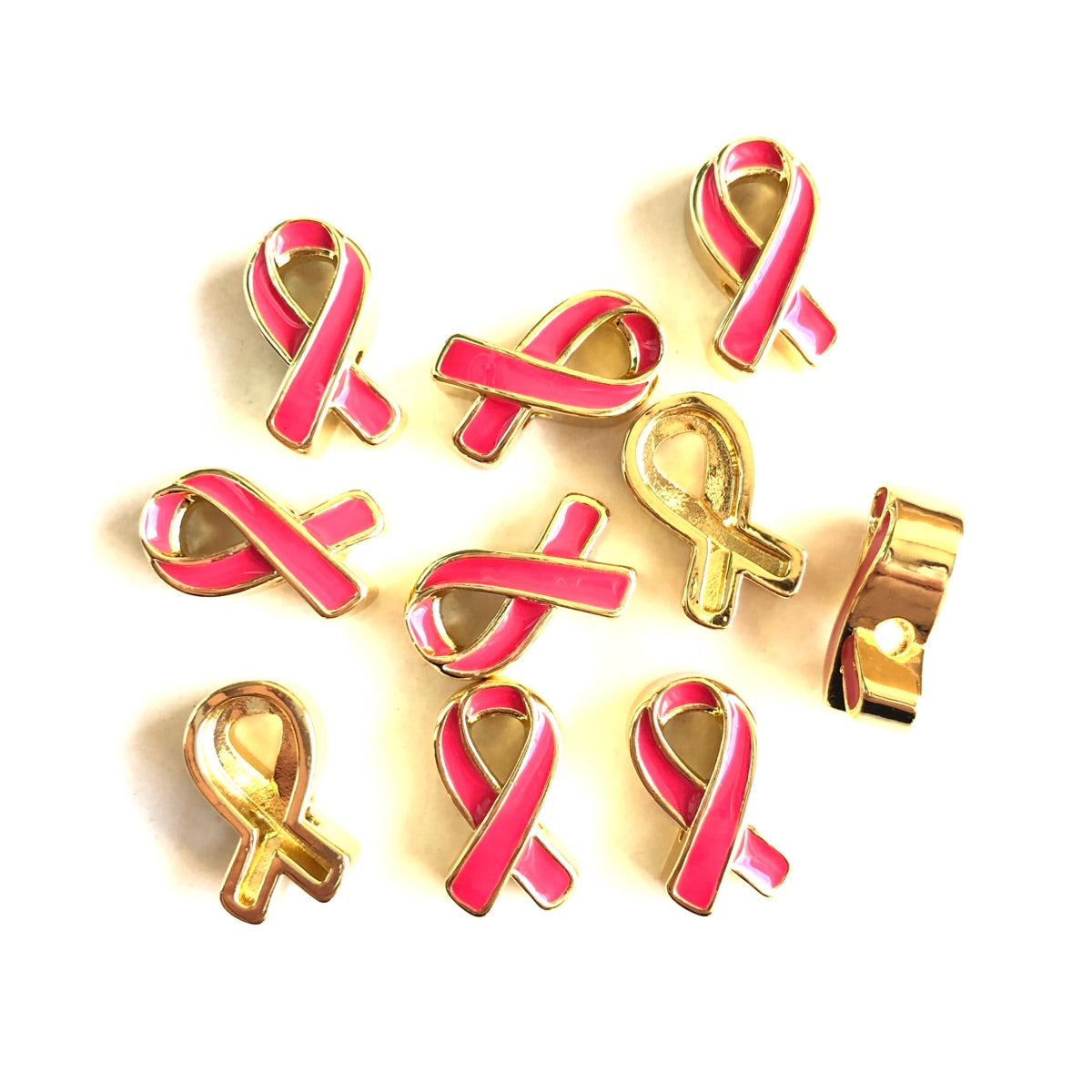 10-20pcs/lot Enamel Pink Ribbon Spacers Beads for Breast Cancer Awareness Gold CZ Paved Spacers Breast Cancer Awareness New Spacers Arrivals Charms Beads Beyond
