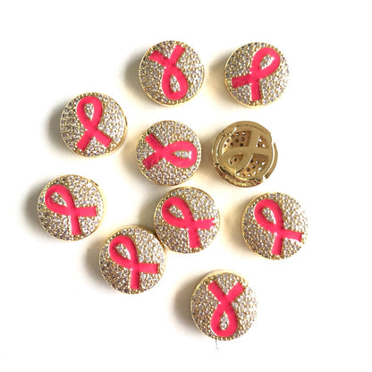 10-20pcs/lot 13mm Pink Ribbon Round Spacers for Breast Cancer Awareness Gold CZ Paved Spacers Breast Cancer Awareness New Spacers Arrivals Charms Beads Beyond