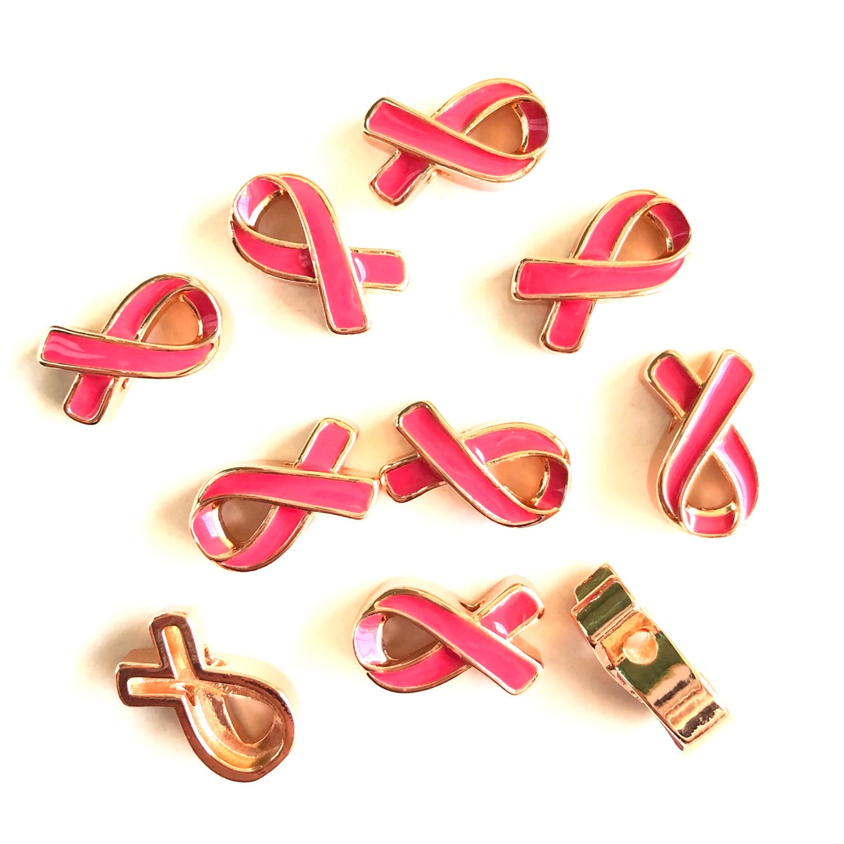 10-20pcs/lot Enamel Pink Ribbon Spacers Beads for Breast Cancer Awareness Rose Gold CZ Paved Spacers Breast Cancer Awareness New Spacers Arrivals Charms Beads Beyond