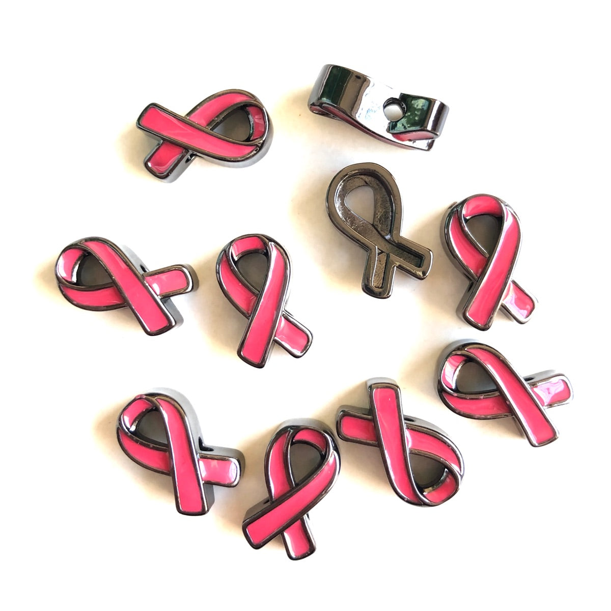 10-20pcs/lot Enamel Pink Ribbon Spacers Beads for Breast Cancer Awareness Black CZ Paved Spacers Breast Cancer Awareness New Spacers Arrivals Charms Beads Beyond
