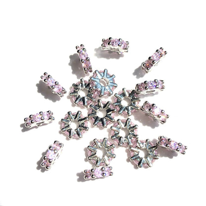 20-50pcs/lot 6.6mm Pink CZ Paved Rondelle Wheel Spacers Silver CZ Paved Spacers New Spacers Arrivals Rondelle Beads Wholesale Charms Beads Beyond