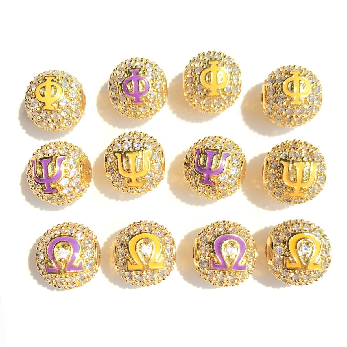 12pcs/lot 10mm Purple Yellow Enamel CZ Paved Greek Letter "Ψ", "Φ", "Ω" Ball Spacers Beads Mix Gold Letters 4 Letters Each CZ Paved Spacers 10mm Beads Ball Beads Greek Letters New Spacers Arrivals Charms Beads Beyond