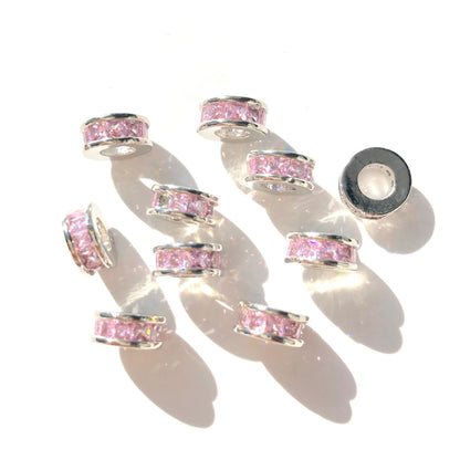 20-50pcs/lot 8*3.5mm Pink Square CZ Paved Rondelle Wheel Spacers Silver CZ Paved Spacers Big Hole Beads New Spacers Arrivals Rondelle Beads Wholesale Charms Beads Beyond