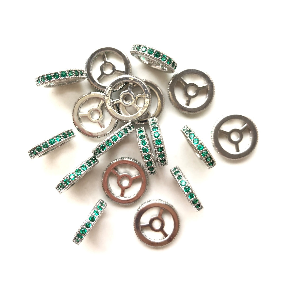 20pcs/lot 9.6/12mm Green CZ Paved Wheel Rondelle Spacers Silver CZ Paved Spacers New Spacers Arrivals Rondelle Beads Charms Beads Beyond