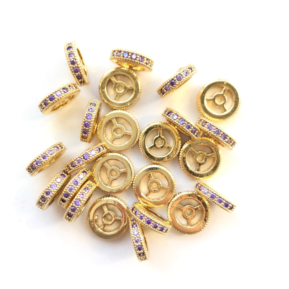 20pcs/lot 9.6/12mm Purple CZ Paved Wheel Rondelle Spacers Gold CZ Paved Spacers New Spacers Arrivals Rondelle Beads Charms Beads Beyond