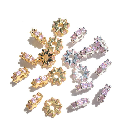 20-50pcs/lot 6.6mm Pink CZ Paved Rondelle Wheel Spacers Mix Colors CZ Paved Spacers New Spacers Arrivals Rondelle Beads Wholesale Charms Beads Beyond