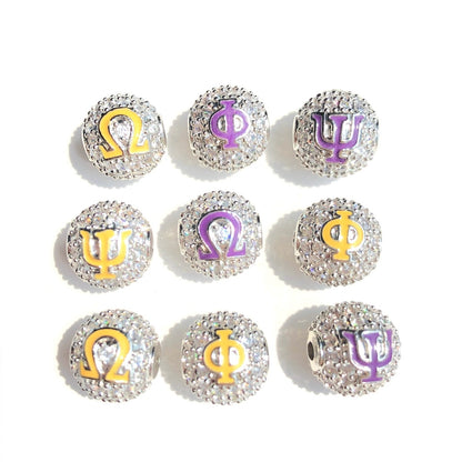 12pcs/lot 10mm Purple Yellow Enamel CZ Paved Greek Letter "Ψ", "Φ", "Ω" Ball Spacers Beads Mix Silver Letters 4 Letters Each CZ Paved Spacers 10mm Beads Ball Beads Greek Letters New Spacers Arrivals Charms Beads Beyond