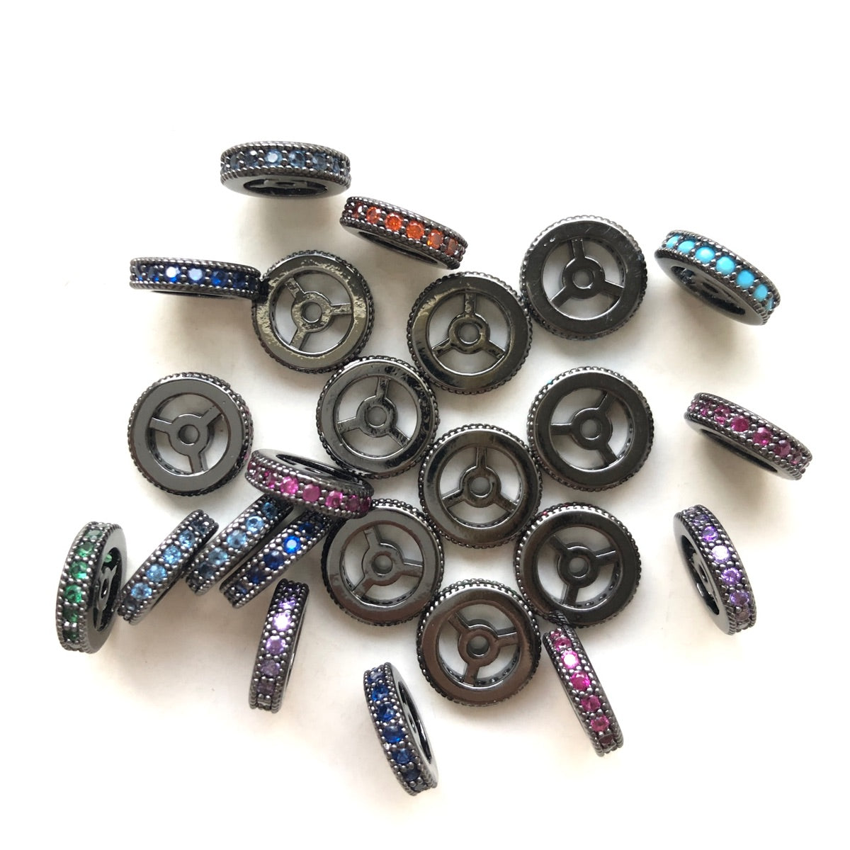 20pcs/lot 9.6/12mm Multicolor CZ Paved Wheel Rondelle Spacers Mix Black CZ Paved Spacers New Spacers Arrivals Rondelle Beads Charms Beads Beyond