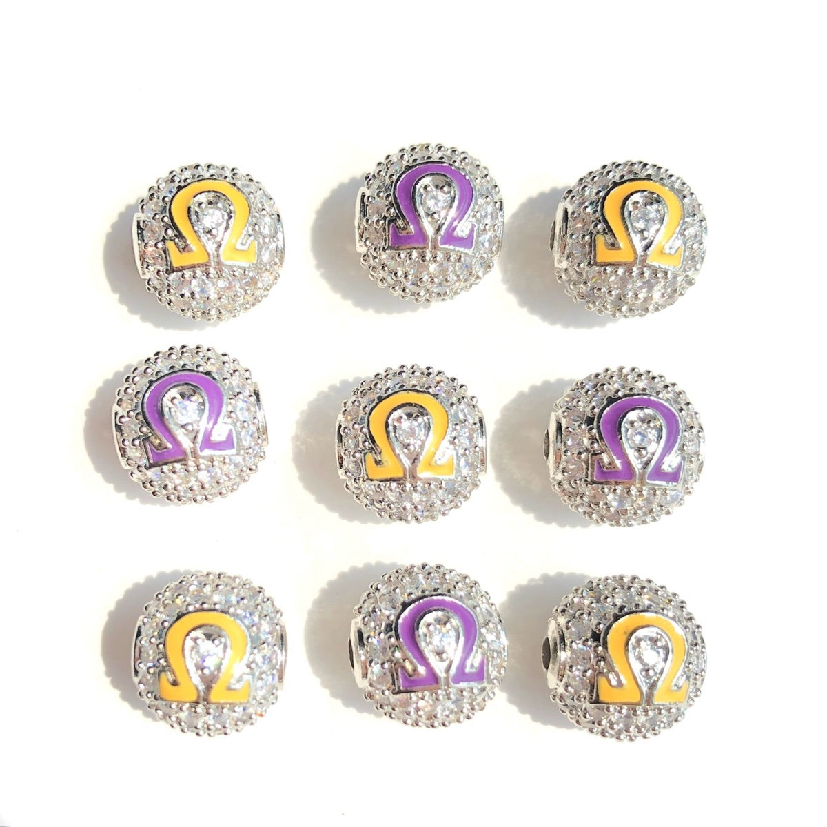 12pcs/lot 10mm Purple Yellow Enamel CZ Paved Greek Letter "Ψ", "Φ", "Ω" Ball Spacers Beads 12 Silver Ω CZ Paved Spacers 10mm Beads Ball Beads Greek Letters New Spacers Arrivals Charms Beads Beyond