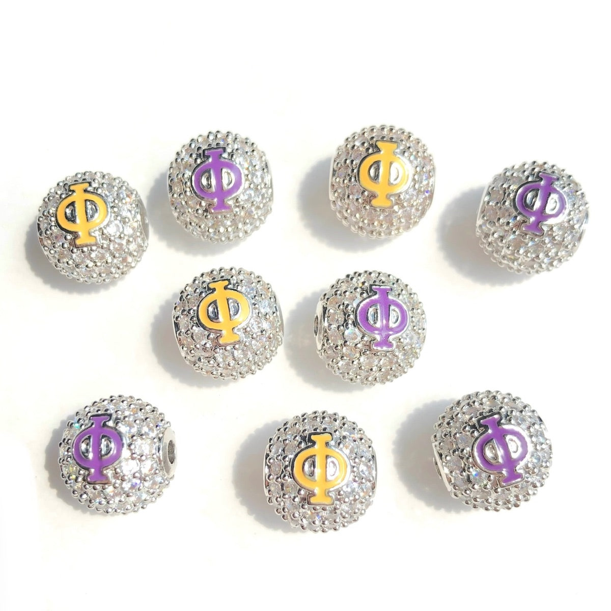 12pcs/lot 10mm Purple Yellow Enamel CZ Paved Greek Letter "Ψ", "Φ", "Ω" Ball Spacers Beads 12 Silver Φ CZ Paved Spacers 10mm Beads Ball Beads Greek Letters New Spacers Arrivals Charms Beads Beyond