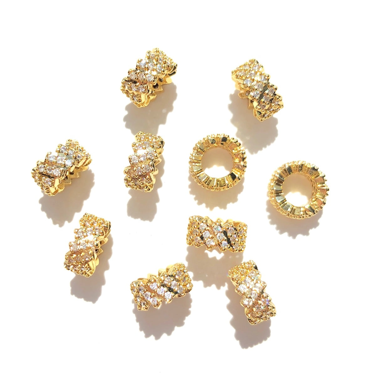10-20-50pcs/lot 7.7mm CZ Paved Big Hole Rondelle Wheel Spacers Gold CZ Paved Spacers Big Hole Beads New Spacers Arrivals Rondelle Beads Wholesale Charms Beads Beyond