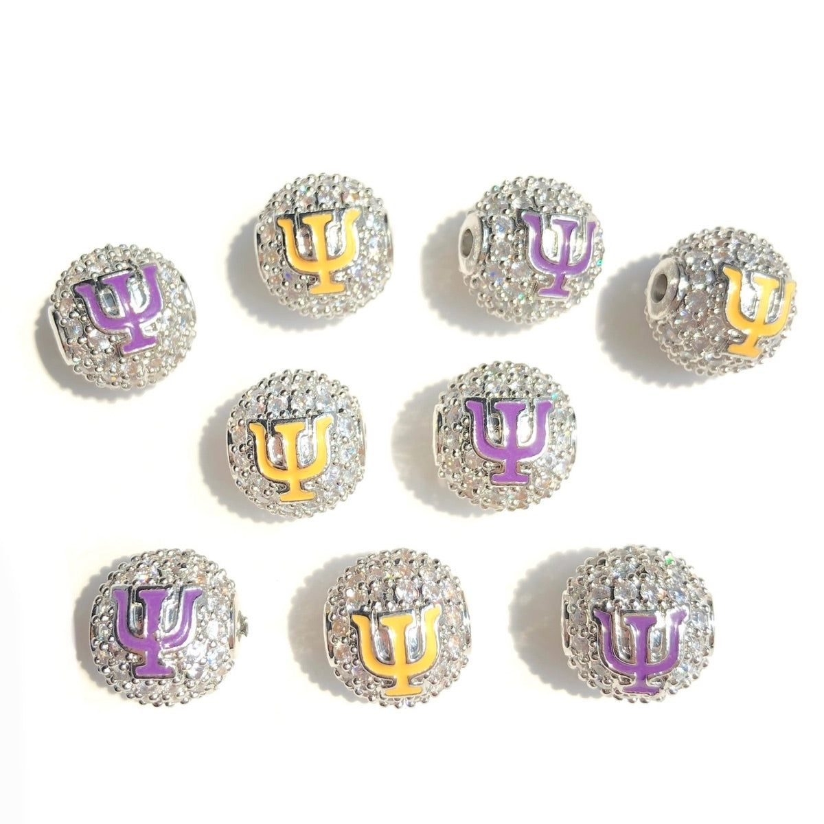 12pcs/lot 10mm Purple Yellow Enamel CZ Paved Greek Letter "Ψ", "Φ", "Ω" Ball Spacers Beads 12 Silve Ψ CZ Paved Spacers 10mm Beads Ball Beads Greek Letters New Spacers Arrivals Charms Beads Beyond