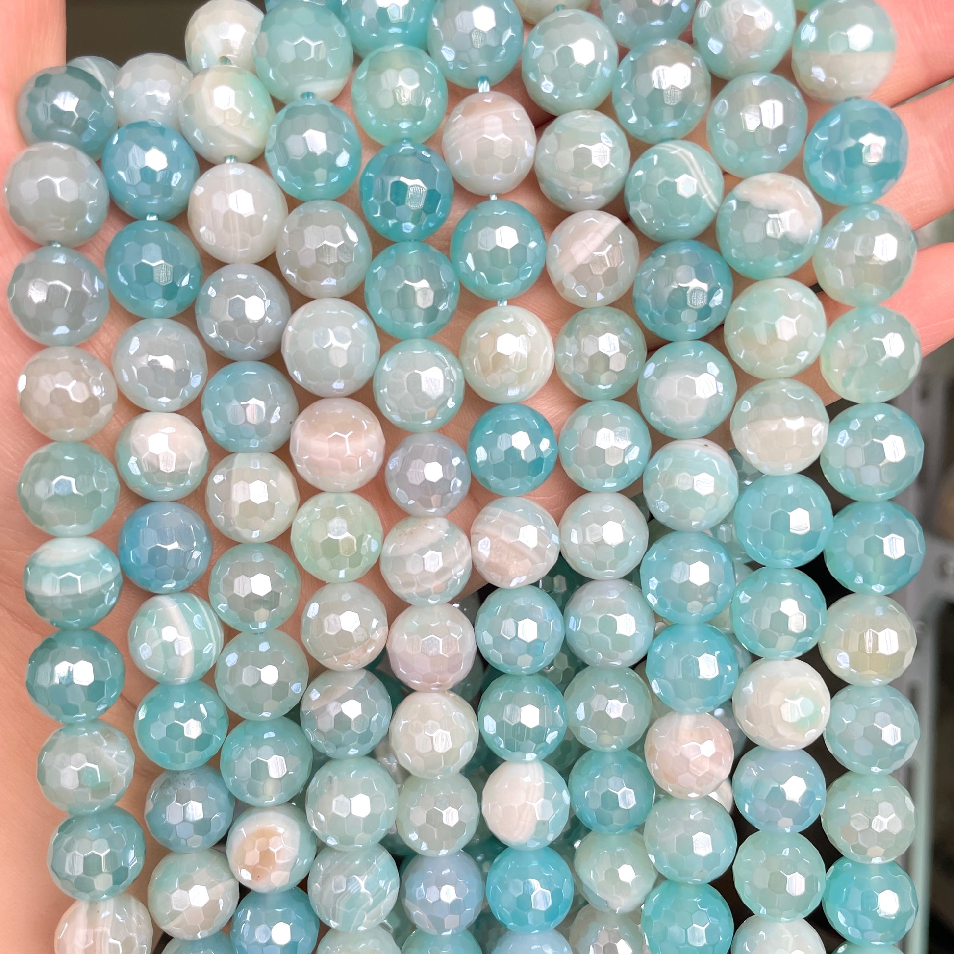 12mm Electroplated Light Blue Banded Agate Stone Faceted Beads--Grade A Premium Quality Electroplated Beads 12mm Stone Beads New Beads Arrivals Premium Quality Agate Beads Charms Beads Beyond