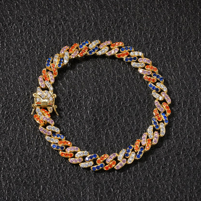 2pcs/lot 7-20inch Multicolor CZ Paved Gold Cuban Bracelet/Necklace Cuban Chains Charms Beads Beyond