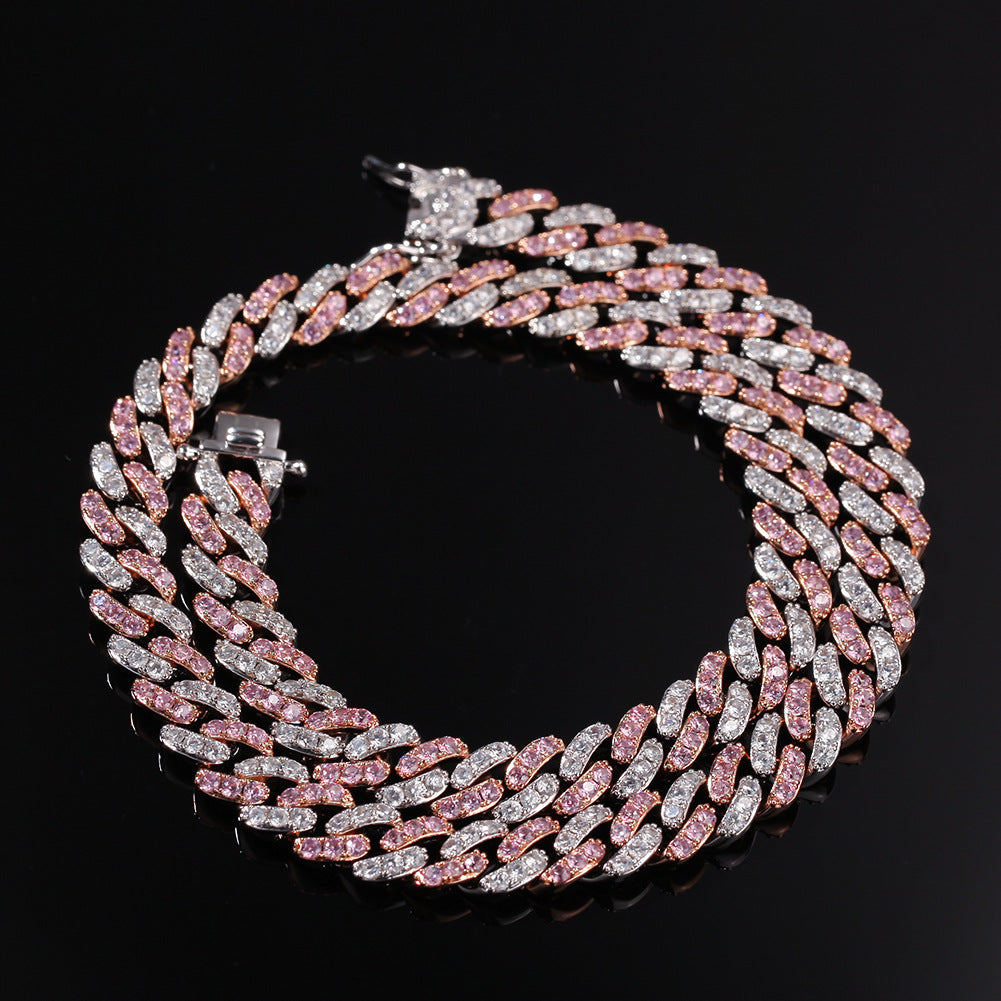 2pcs/lot 6-20 inch Clear & Pink CZ Paved Cuban Bracelets/Anklets/Necklaces Cuban Chains Charms Beads Beyond