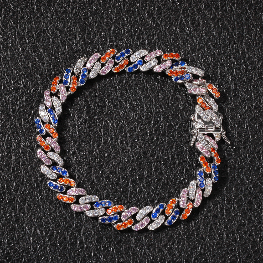2pcs/lot 7-20inch Multicolor CZ Paved Silver Cuban Bracelet/Necklace Cuban Chains Charms Beads Beyond