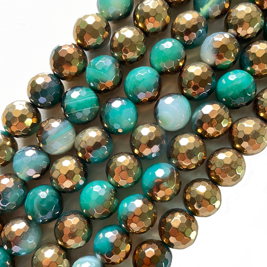 12mm Half Gold Electroplated Green Banded Agate Stone Faceted Beads--Grade A Premium Quality Electroplated Beads 12mm Stone Beads New Beads Arrivals Premium Quality Agate Beads Charms Beads Beyond