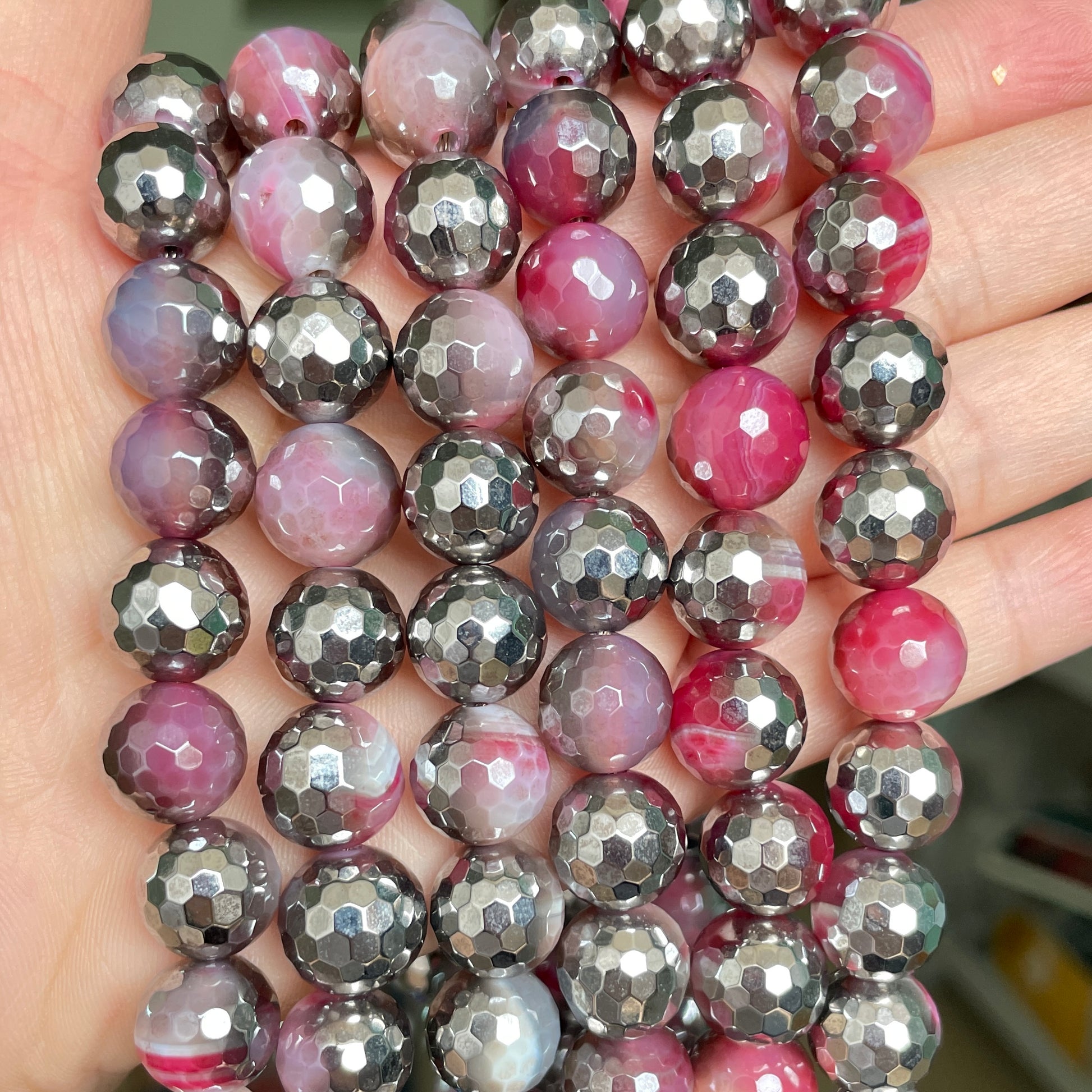 12mm Half Silver Electroplated Pink Banded Agate Stone Faceted Beads--Grade A Premium Quality Electroplated Beads 12mm Stone Beads New Beads Arrivals Premium Quality Agate Beads Charms Beads Beyond