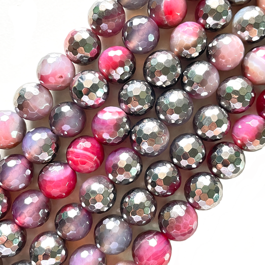 12mm Half Silver Electroplated Pink Banded Agate Stone Faceted Beads--Grade A Premium Quality Electroplated Beads 12mm Stone Beads New Beads Arrivals Premium Quality Agate Beads Charms Beads Beyond