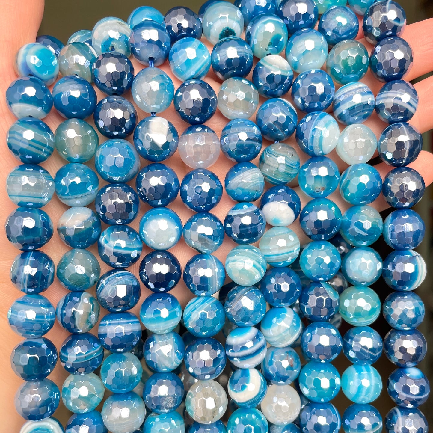 10, 12mm Electroplated Blue Banded Agate Stone Faceted Beads-Grade A Premium Quality Electroplated Beads 12mm Stone Beads New Beads Arrivals Premium Quality Agate Beads Charms Beads Beyond
