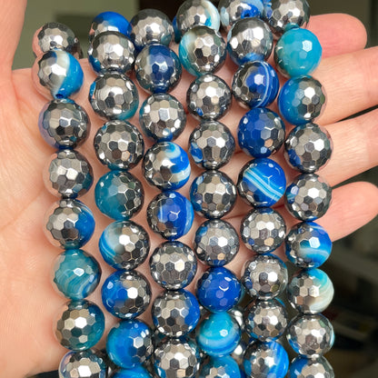 12mm Half Silver Electroplated Blue Banded Agate Stone Faceted Beads--Grade A Premium Quality Electroplated Beads 12mm Stone Beads New Beads Arrivals Premium Quality Agate Beads Charms Beads Beyond