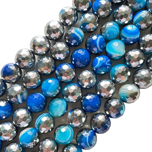 12mm Half Silver Electroplated Blue Banded Agate Stone Faceted Beads--Grade A Premium Quality Electroplated Beads 12mm Stone Beads New Beads Arrivals Premium Quality Agate Beads Charms Beads Beyond