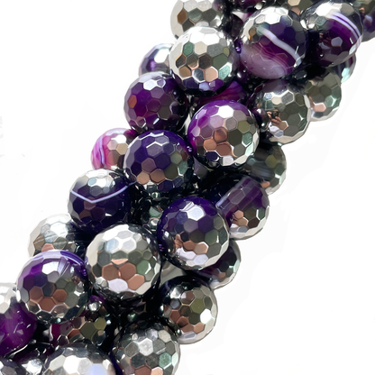 12mm Half Silver Electroplated Purple Banded Agate Stone Faceted Beads--Grade A Premium Quality Electroplated Beads 12mm Stone Beads New Beads Arrivals Premium Quality Agate Beads Charms Beads Beyond