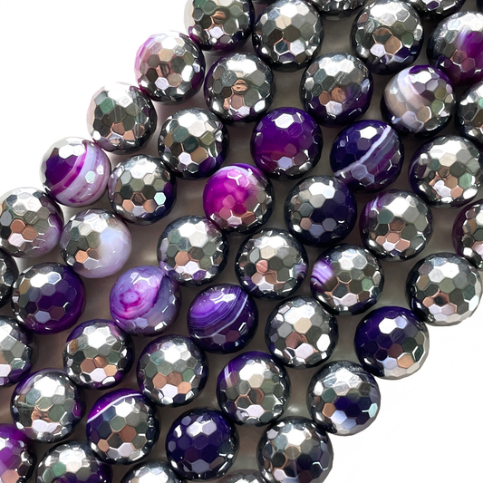 12mm Half Silver Electroplated Purple Banded Agate Stone Faceted Beads--Grade A Premium Quality Electroplated Beads 12mm Stone Beads New Beads Arrivals Premium Quality Agate Beads Charms Beads Beyond